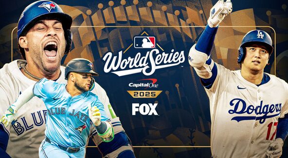 Promotional image for the 2025 World Series featuring players from the Toronto Blue Jays and Los Angeles Dodgers, along with branding for Capital One and FOX.